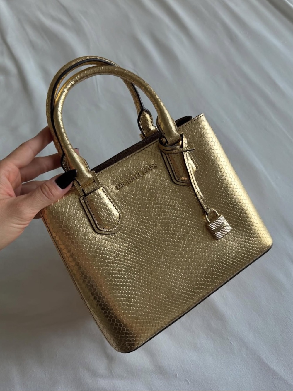 Michael Kors Metallic Gold Saffiano Satchel with Lock Charm